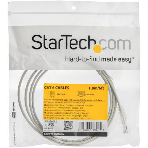 Startech .com 6 ft CAT6 CableSlim CAT6 Patch CordGraySnagless RJ45 ConnectorsGigabit Ethernet Cable28 AWGLSZH (N6PAT6GRS)S… N6PAT6GRS