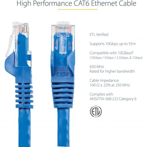 Startech .com 10ft CAT6 Ethernet CableBlue Snagless Gigabit100W PoE UTP 650MHz Category 6 Patch Cord UL Certified Wiring/TIA10ft Blu… N6PATCH10BL