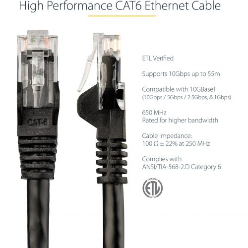 Startech .com 14ft CAT6 Ethernet CableBlack Snagless Gigabit100W PoE UTP 650MHz Category 6 Patch Cord UL Certified Wiring/TIA14ft Bl… N6PATCH14BK