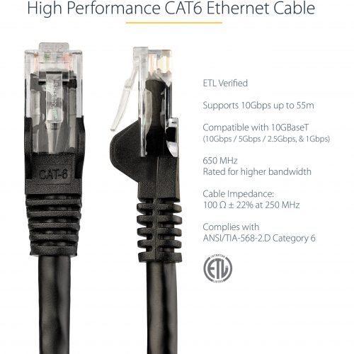 Startech .com 2ft CAT6 Ethernet CableBlack Snagless Gigabit100W PoE UTP 650MHz Category 6 Patch Cord UL Certified Wiring/TIA2ft Black… N6PATCH2BK