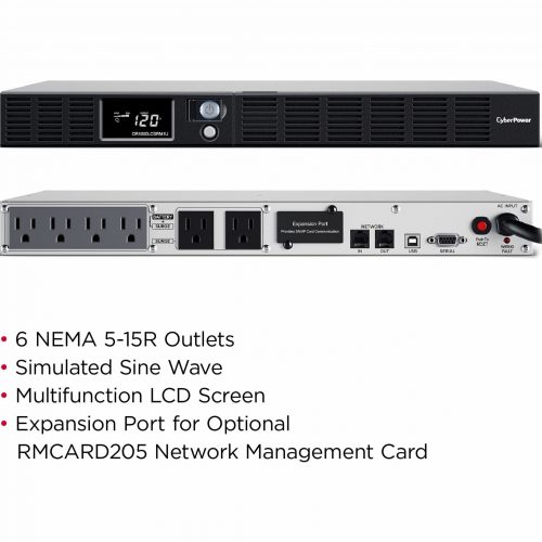 Cyber Power OR1000LCDRM1U Smart App LCD UPS Systems1000VA/600W, 120 VAC, NEMA 5-15P, 1U, Rackmount, 6 Outlets, LCD, Panel® Busi… OR1000LCDRM1U