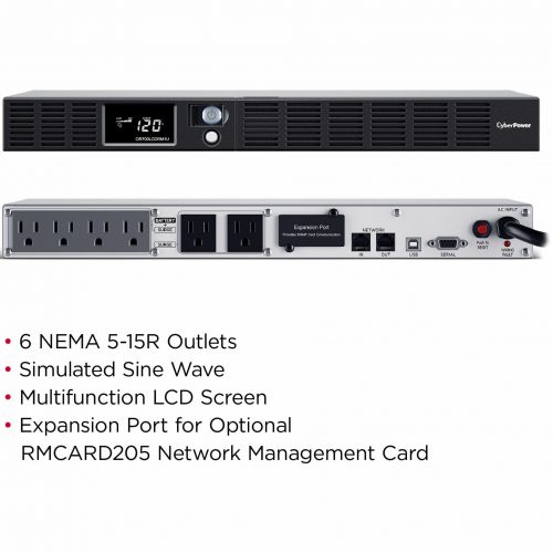 Cyber Power OR700LCDRM1U Smart App LCD UPS Systems700VA/400W, 120 VAC, NEMA 5-15P, 1U, Rackmount, 6 Outlets, LCD, Panel® Busines… OR700LCDRM1U