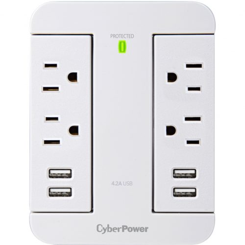 Cyber Power P4WSU Home Office 4Outlet Surge with 900 JNEMA 5-15P, Wall Tap, 44.2 Amps (Shared) USB, EMI/RFI Filtration, White, Lifetime Wa… P4WSU