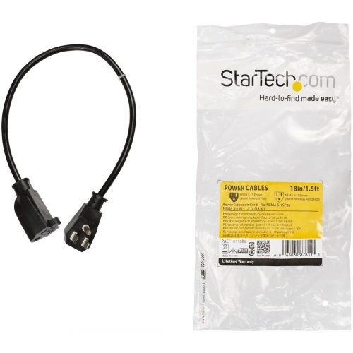 Startech .com 1.5ft (0.45m) Power Extension Cord, Flat NEMA 5-15P to NEMA 5-15R, 10A 125V, 18AWG, Black, Flat Outlet Extension CableAC pow… PACF10118IN