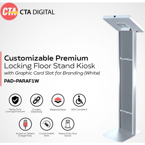 Cta Digital Accessories Customizable Premium Locking Floor Stand Kiosk with Graphic Card Slot for branding for 10.2-in iPad 7th, 8th Gen & More (White)… PAD-PARAF1W
