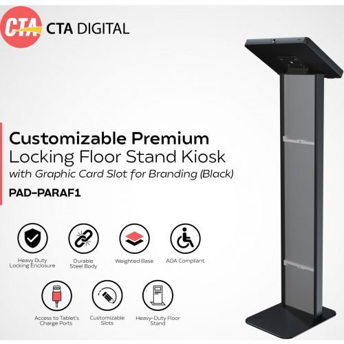 Cta Digital Accessories Customizable Premium Locking Floor Stand Kiosk with Graphic Card Slot for branding for 10.2-in iPad 7th, 8th Gen & More (Black) -… PAD-PARAF1