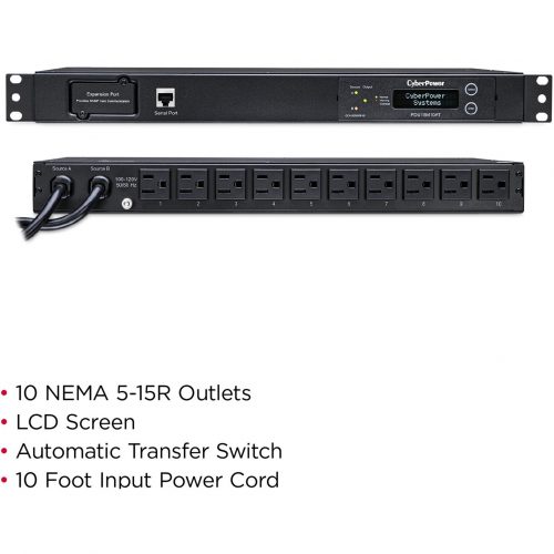 Cyber Power PDU15M10AT 100120 VAC 15A Metered ATS PDU10 Outlets, 10 ft, 2 x NEMA 5-15P, Horizontal, 1U, LCD,  Warranty PDU15M10AT