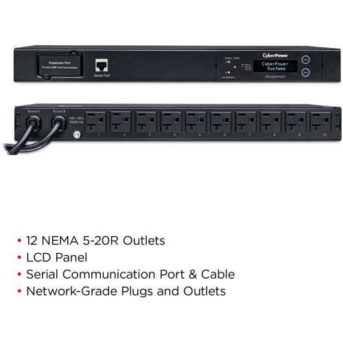 Cyber Power PDU20MT10AT 100120 VAC 20A Metered ATS PDU10 Outlets, 10 ft, 2 x NEMA L5-20P, Horizontal, 1U, LCD,  Warranty PDU20MT10AT