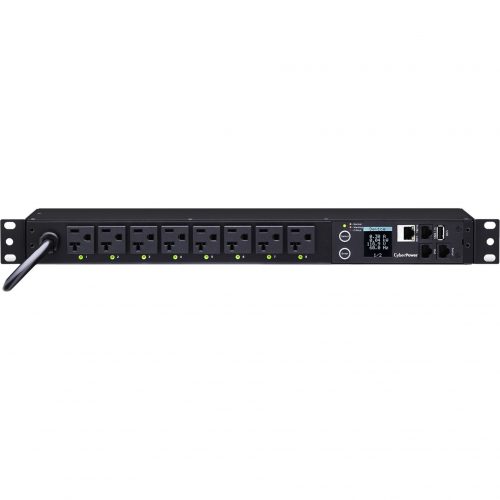 Cyber Power PDU41002 Single Phase 100120 VAC 20A Switched PDU8 Outlets, 12 ft, NEMA L5-20P (5-20P Adapter), Horizontal, 1U, SNMP, LCD, … PDU41002