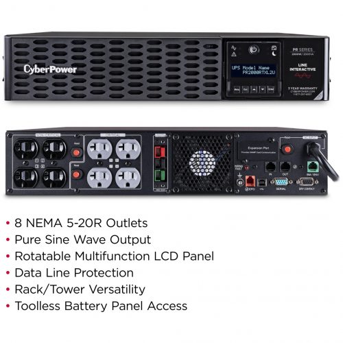 Cyber Power PR2000RTXL2UTAA TAA Compliant UPS Systems2000VA/2000W, 120 VAC, NEMA 5-20P, 2U, Rack / Tower, Sine Wave, 8 Outlets, LCD, P… PR2000RTXL2UTAA