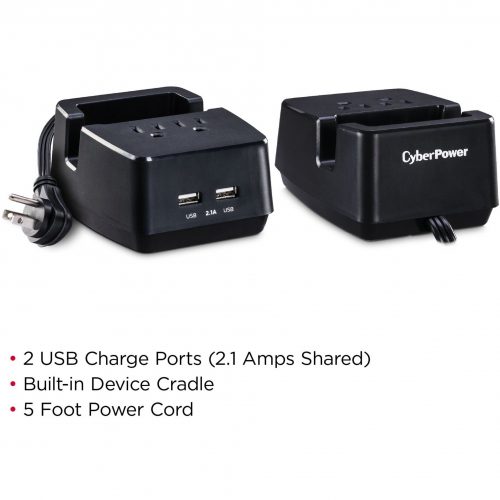 Cyber Power PS205U  Stations 2 Outlet  Station5 ft, NEMA 5-15P Plug Type, 22.1 Amps (Shared) USB, Black,  Warranty PS205U