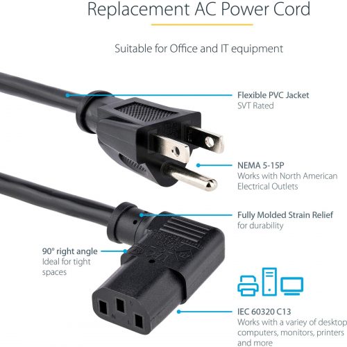 Startech .com 6ft (2m) Computer Power Cord, NEMA 5-15P to Right Angle C13, 10A 125V, 18AWG, Replacement AC Power Cord, Monitor Power Cable6ft… PXT101L