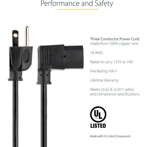 Startech .com 6ft (2m) Computer Power Cord, NEMA 5-15P to Right Angle C13, 10A 125V, 18AWG, Replacement AC Power Cord, Monitor Power Cable6ft… PXT101L