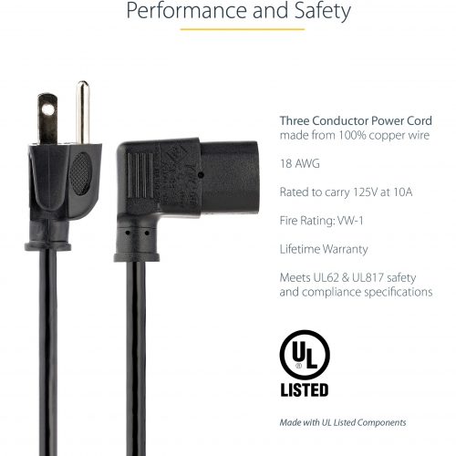 Startech .com 6ft (2m) Computer Power Cord, NEMA 5-15P to Right Angle C13, 10A 125V, 18AWG, Replacement AC Power Cord, Monitor Power Cable6ft… PXT101L