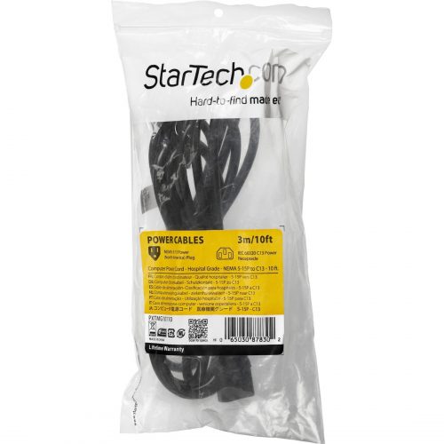 Startech .com 10ft (3m) Hospital Grade Power Cord, 18AWG, NEMA 5-15P to C13, 10A 125V, Green Dot Medical Power Cable, Monitor Power Cable10… PXTMG10110