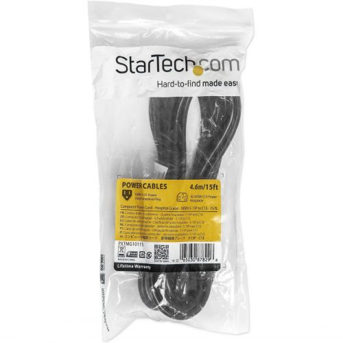 Startech .com 15ft (4.5m) Hospital Grade Power Cord, 18AWG, NEMA 5-15P to C13, 10A 125V, Green Dot Medical Power Cable, Monitor Power Cable -… PXTMG10115
