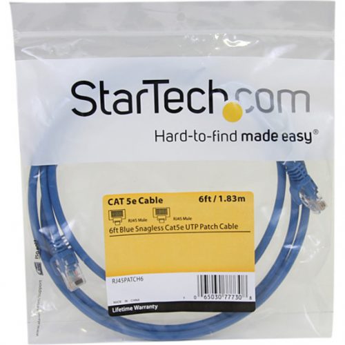 Startech .com 6 ft Blue Snagless Cat5e UTP Patch CableCategory 5e6 ft1 x RJ-451 x RJ-45Blue RJ45PATCH6