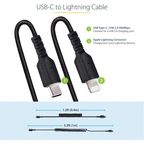 Startech .com 1m (3ft) USB C to Lightning Cable, MFi Certified, Coiled iPhone Charger Cable, Black, Durable TPE Jacket Aramid Fiber3.3ft… RUSB2CLT1MBC