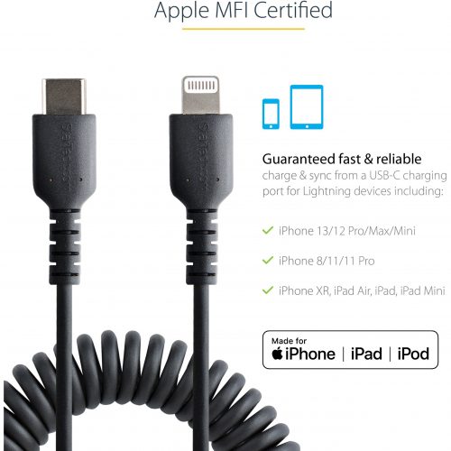 Startech .com USB C to Lightning Cable 50cm / 20in, MFi Certified, Coiled iPhone Charger Cable, Black, TPE Jacket Aramid Fiber20in (50c… RUSB2CLT50CMBC