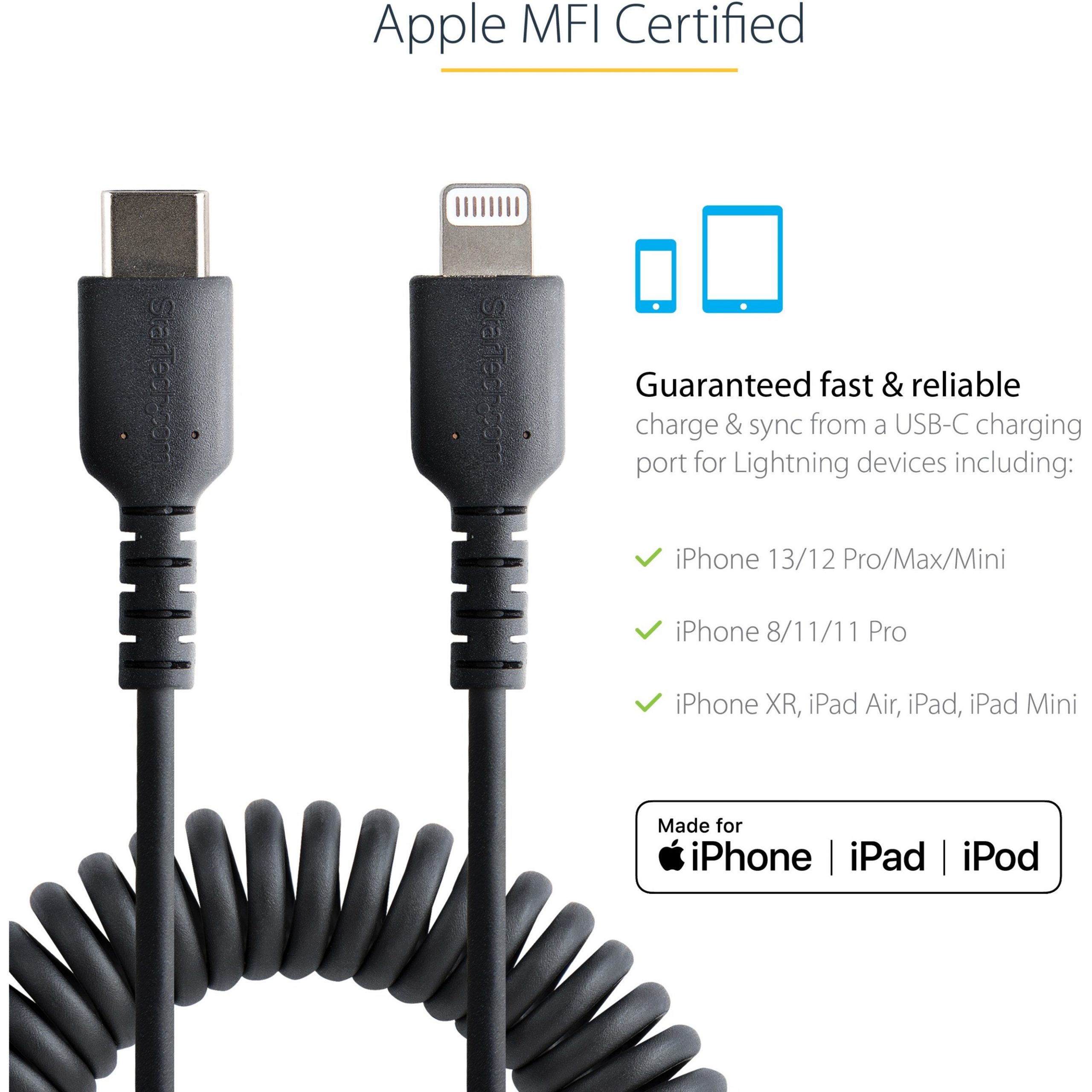 Startech .com USB C to Lightning Cable 50cm / 20in, MFi Certified, Coiled  iPhone Charger Cable, Black, TPE Jacket Aramid Fiber20in (50c  RUSB2CLT50CMBC - Corporate Armor