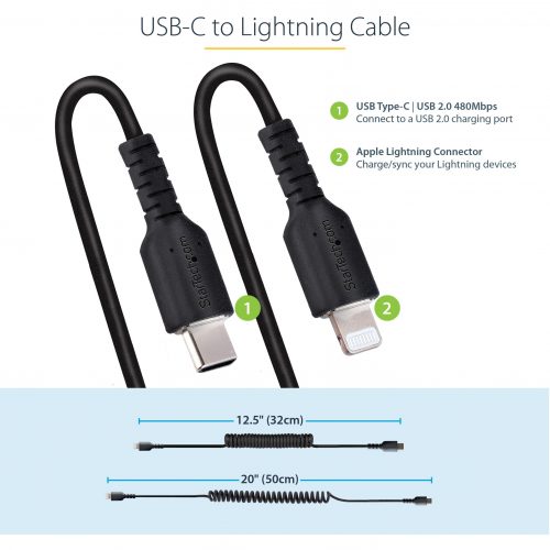 Startech .com USB C to Lightning Cable 50cm / 20in, MFi Certified, Coiled iPhone Charger Cable, Black, TPE Jacket Aramid Fiber20in (50c… RUSB2CLT50CMBC