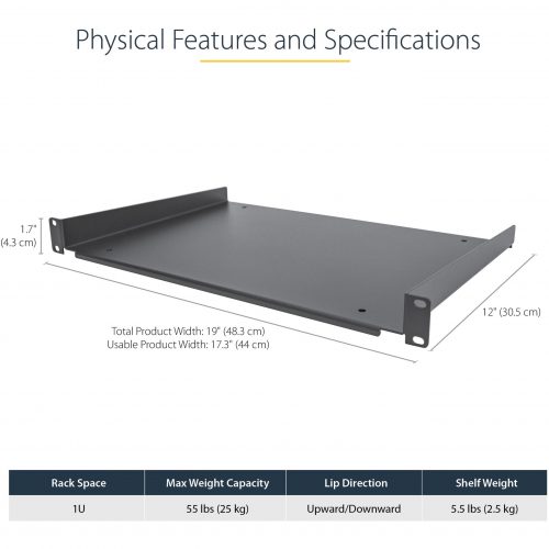 Startech .com 1U Server Rack Cabinet ShelfFixed 12″ Deep Cantilever Rackmount Tray for 19″ Data/AV/Network Enclosure w/cage nuts,… SHELF-1U-12-FIXED-S