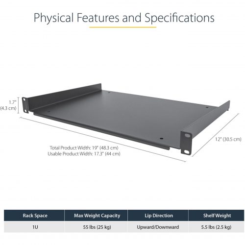 Startech .com 1U Server Rack Cabinet ShelfFixed 12″ Deep Cantilever Rackmount Tray for 19″ Data/AV/Network Enclosure w/cage nuts,… SHELF-1U-12-FIXED-S