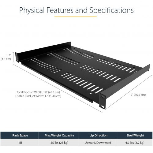 Startech .com 1U Vented Server Rack Cabinet ShelfFixed 12″ Deep Cantilever Rackmount Tray for 19″ Data/AV/Network Enclosure w/Cage… SHELF-1U-12-FIXED-V