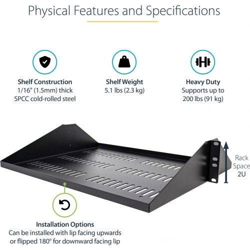 Startech .com 2U Vented Server Rack Cabinet ShelfFixed 14″ Deep Cantilever Rackmount Tray for 19″ Data/AV/Network Enclosure w/Cag… SHELF-2U-14-CENTER-V