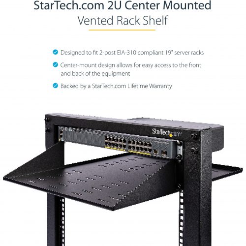 Startech .com 2U Vented Server Rack Cabinet ShelfFixed 20″ Deep Cantilever Rackmount Tray for 19″ Data/AV/Network Enclosure w/Cag… SHELF-2U-20-CENTER-V