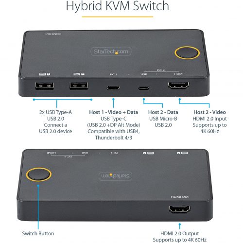 Startech .com 2 Port Hybrid USB-A + HDMI & USB-C KVM Switch, Single 4K 60Hz HDMI 2.0 Monitor, Compact Desktop and/or Laptop HDMI KVM Switch -… SV221HUC4K