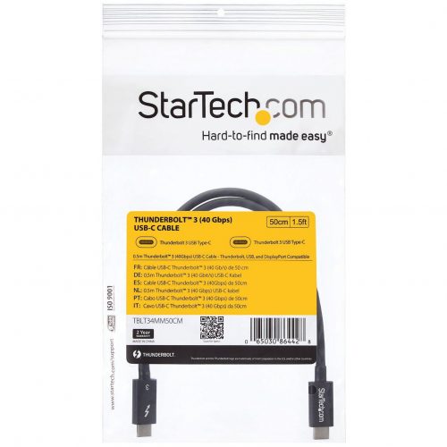 Startech .com Thunderbolt 3 Cable40GbpsDaisy ChainablePassiveUSB C CableUSB-C Thunderbolt to Thunderbolt CableProvide four… TBLT34MM50CM
