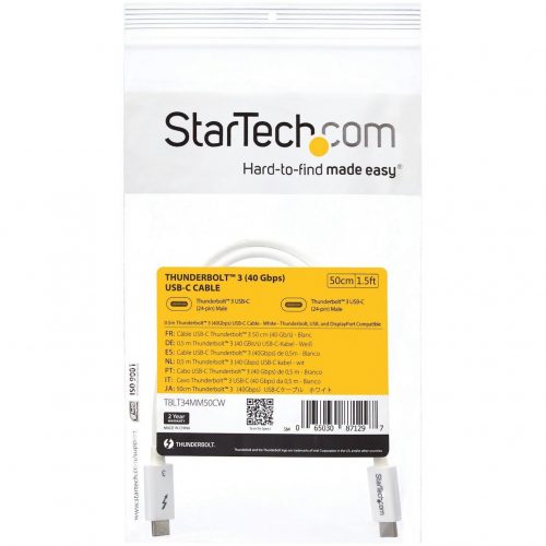 Startech .com Thunderbolt 3 Cable0.5m / 1 ftWhite4K 60Hz40GbpsPassiveThunderbolt CableUSB Type C ChargerProvide 4x t… TBLT34MM50CW