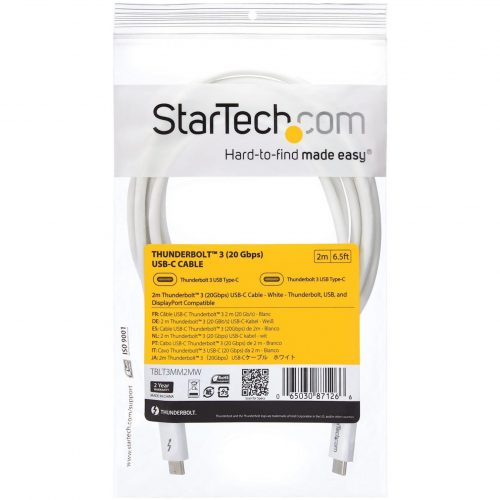 Startech .com 2m Thunderbolt 3 Cable20GbpsWhiteThunderbolt / USB-C / DisplayPort CompatibleThunderbolt 3 USB-C CableProvide 2x… TBLT3MM2MW