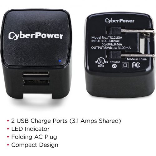 CyberPower TR12U3A Dual USB Wall Charger – 2 USB Ports 3.1 Amps NEMA 5-15P