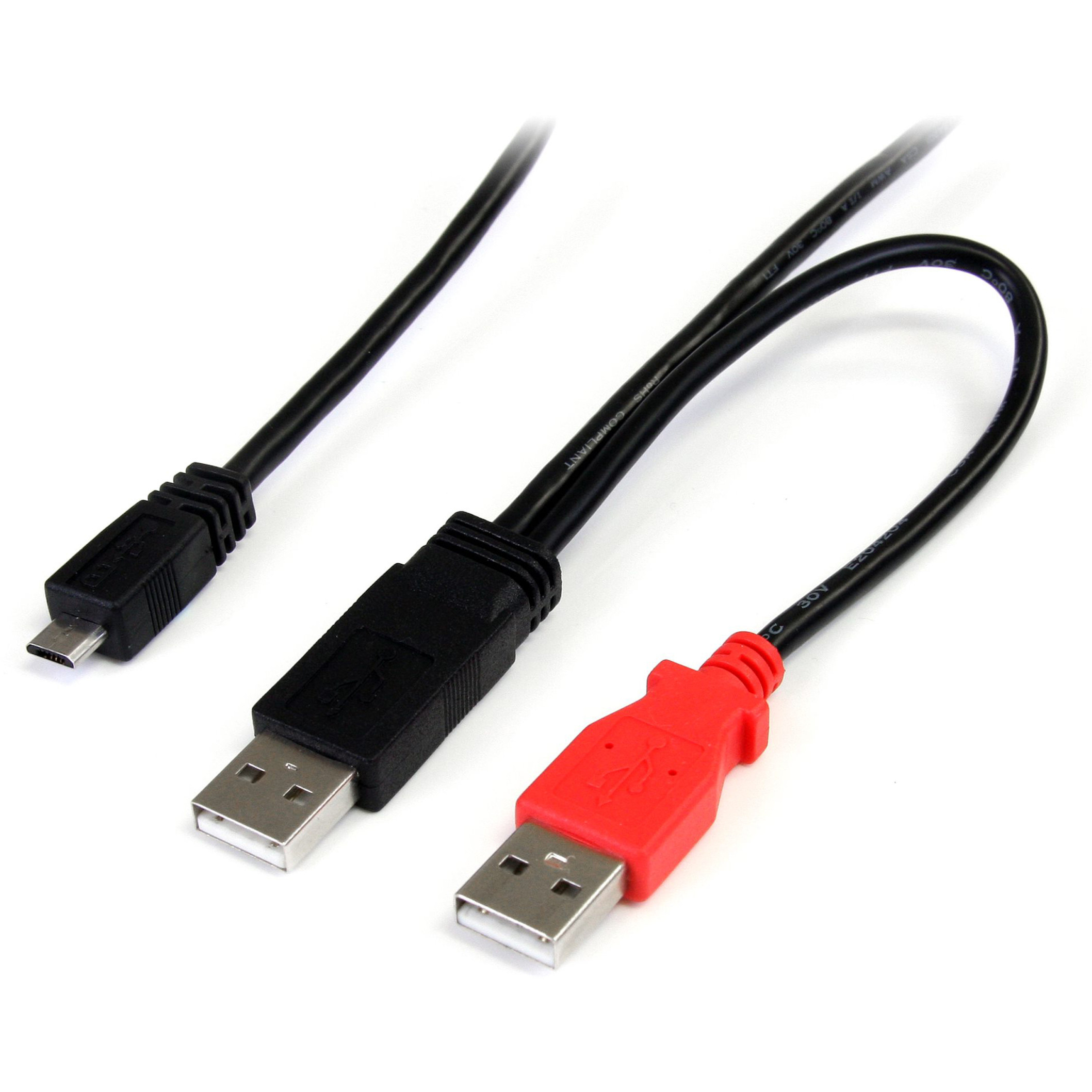 Startech .com 1 ft USB Y Cable for External Hard DriveDual USB A to Micro BType A Male USBMicro Type B Male USB1ftBlack USB2HAUBY1