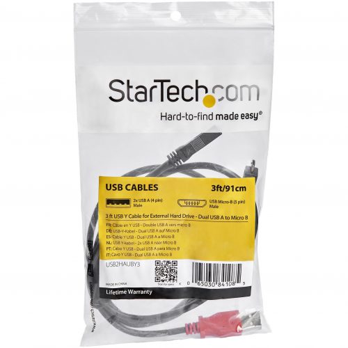Startech .com 3 ft USB Y Cable for External Hard DriveDual USB A to Micro BType A Male USBMicro Type B Male USB3ftBlack USB2HAUBY3