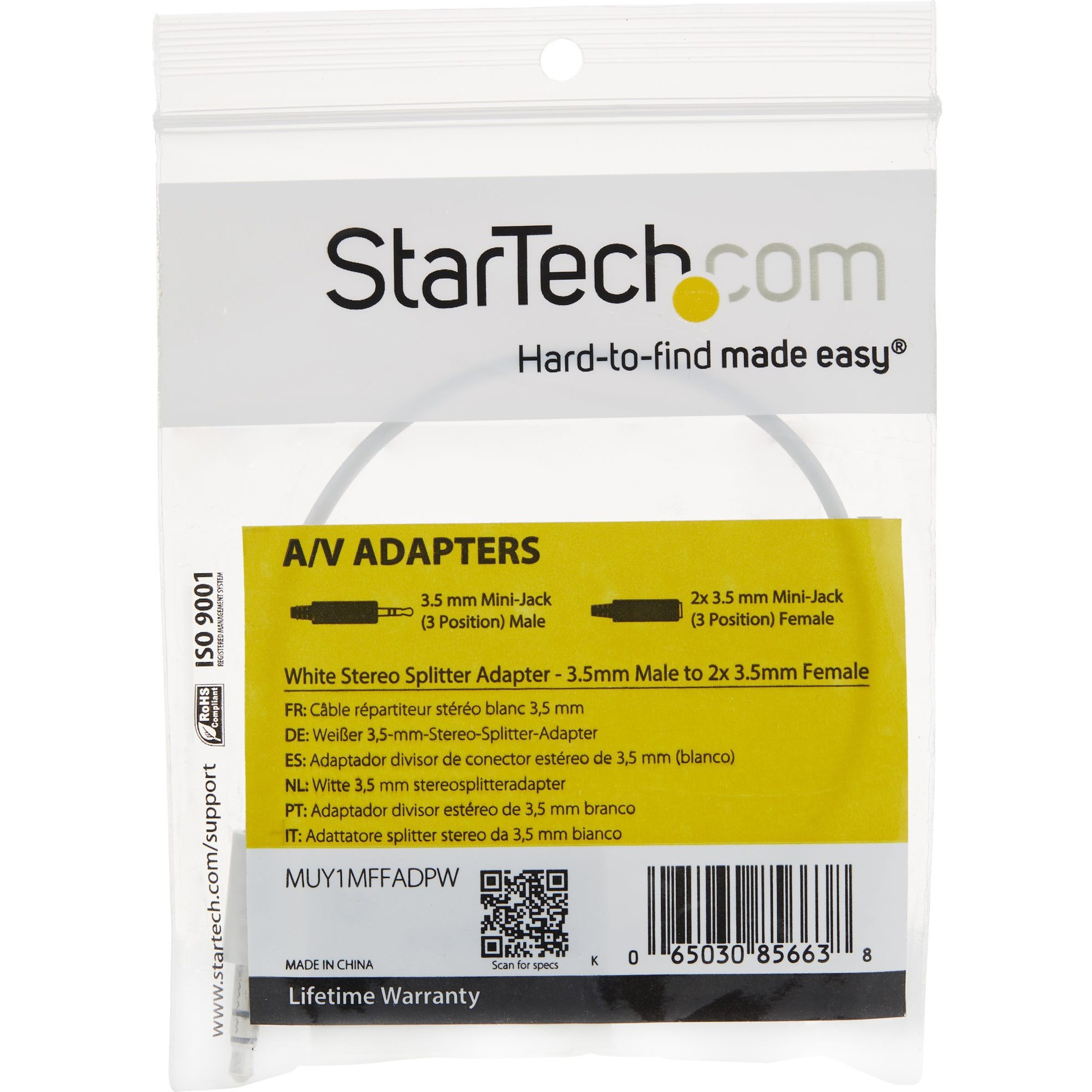 Startech .com White Slim Mini Jack Headphone Splitter Cable