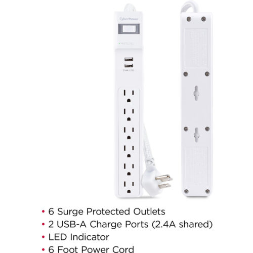 Cyber Power Home Office P606URC2 6-Outlet Surge Suppressor/Protector6 x NEMA 5-15R, 2 x USB500 J120 V AC InputAudio/Video P606URC2