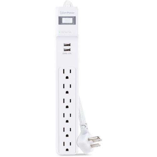 Cyber Power Home Office P606URC2 6-Outlet Surge Suppressor/Protector6 x NEMA 5-15R, 2 x USB500 J120 V AC InputAudio/Video P606URC2