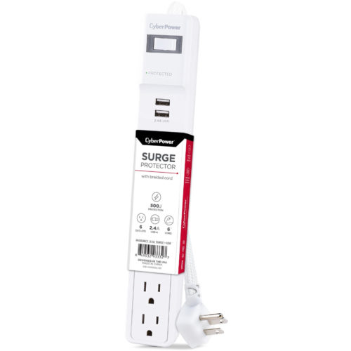 Cyber Power Home Office P606URC2 6-Outlet Surge Suppressor/Protector6 x NEMA 5-15R, 2 x USB500 J120 V AC InputAudio/Video P606URC2