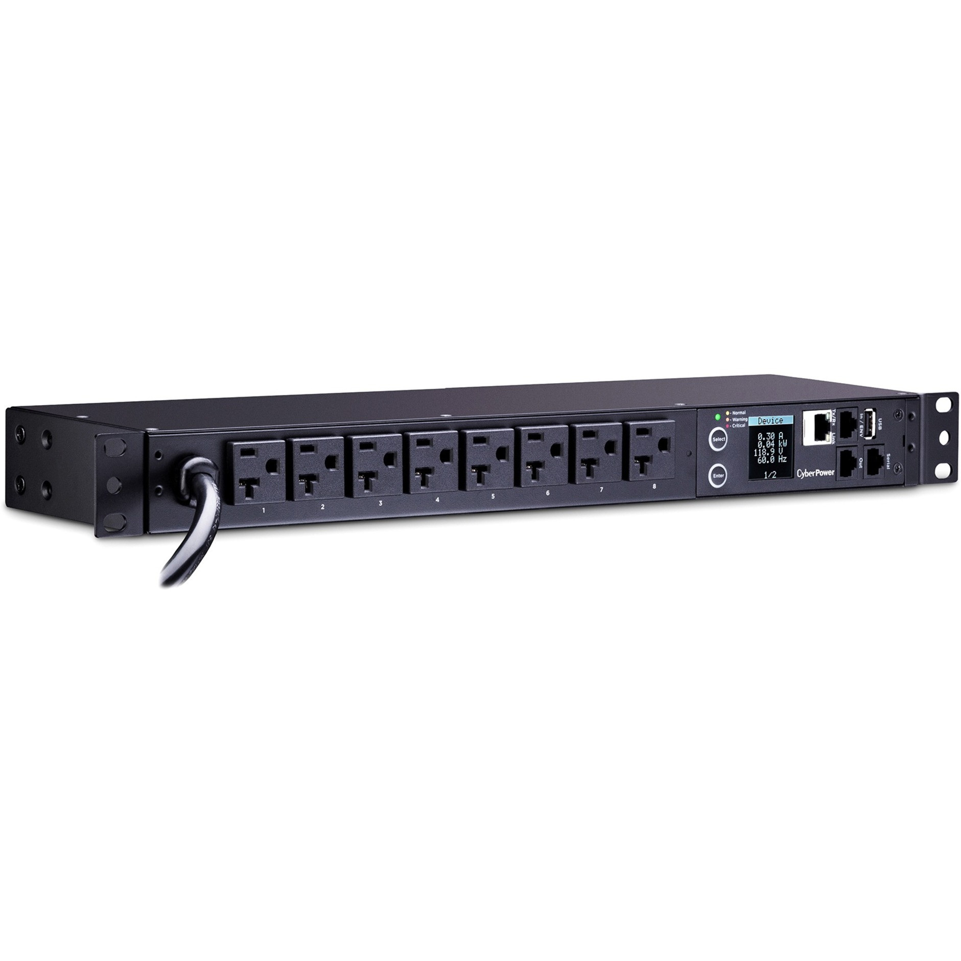 Cyber Power PDU31002 100120 VAC 20A Monitored PDU8 Outlets, 12 ft, NEMA L5-20P (5-20P Adapter), Horizontal, 1U, LCD,  Warranty PDU31002