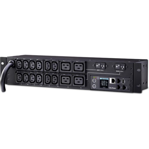 Cyber Power PDU31008 Single Phase 200240 VAC 30A Monitored PDU16 Outlets, 12 ft, NEMA L6-30P, Horizontal, 2U, SNMP,  Warranty PDU31008