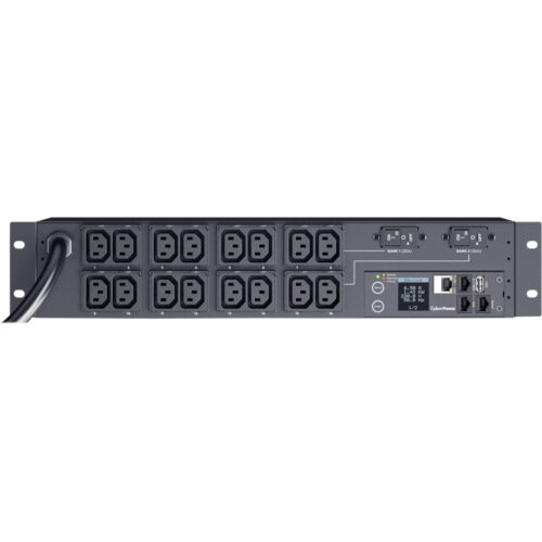 Cyber Power PDU31007 Single Phase 200240 VAC 30A Monitored PDU16 Outlets, 12 ft, NEMA L6-30P, Horizontal, 2U, SNMP, LCD,  Warranty PDU31007