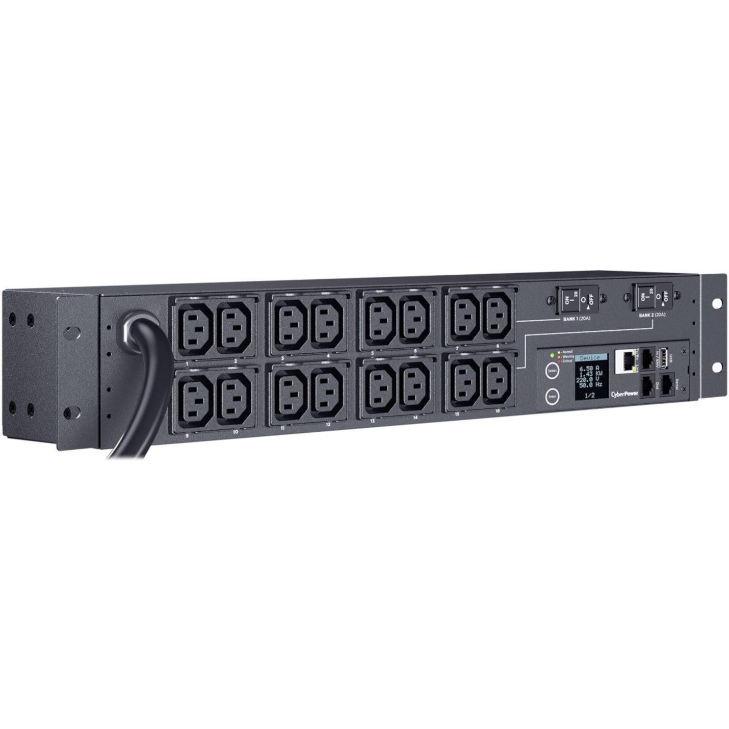 Cyber Power PDU31007 Single Phase 200240 VAC 30A Monitored PDU16 Outlets, 12 ft, NEMA L6-30P, Horizontal, 2U, SNMP, LCD,  Warranty PDU31007