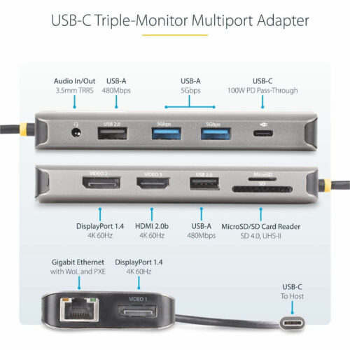 Startech .com USB-C Triple-Monitor Multiport Adapter, Dual 4K 60Hz + 4K 30Hz HDMI & DP, 4x USB-A, 100W PD Pass-Through, GbE, SD Card… 154B-USBC-MULTIPORT