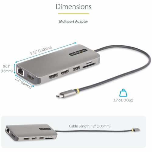 Startech .com USB-C Triple-Monitor Multiport Adapter, Dual 4K 60Hz + 4K 30Hz HDMI & DP, 4x USB-A, 100W PD Pass-Through, GbE, SD Card… 154B-USBC-MULTIPORT