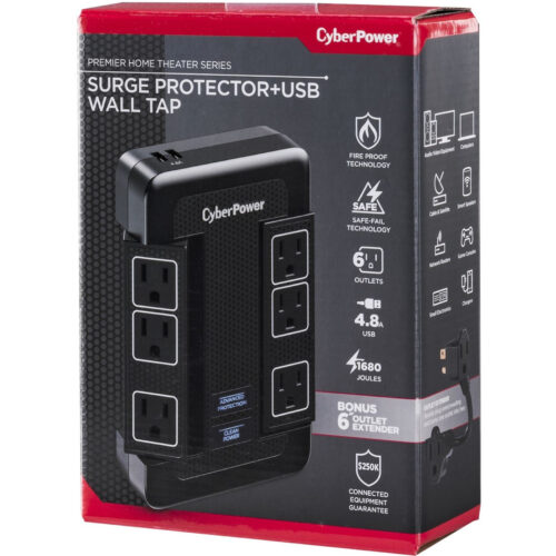 Cyber Power HT600WSU2A Premier Home Theater 6Outlet Surge with 1680 JClamping Voltage 500V, NEMA 5-15P, Wall Tap, 15 Amp, 24.8 Amps (… HT600WSU2A