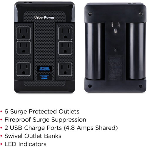Cyber Power HT600WSU2A Premier Home Theater 6Outlet Surge with 1680 JClamping Voltage 500V, NEMA 5-15P, Wall Tap, 15 Amp, 24.8 Amps (… HT600WSU2A